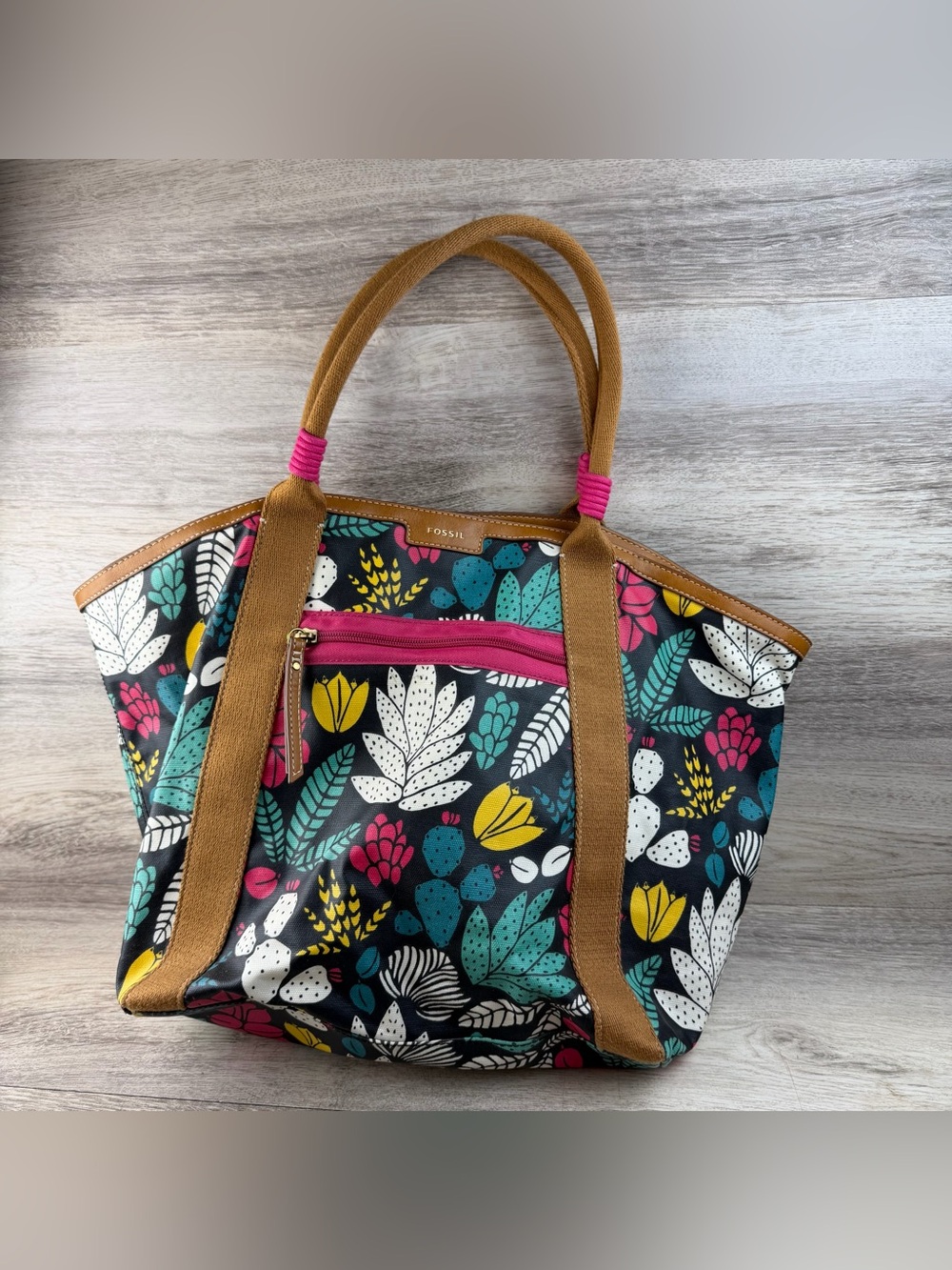 FOSSIL Large Eliza Beach Tote Dark Floral Coated Canvas Oversized Shoulder Bag
